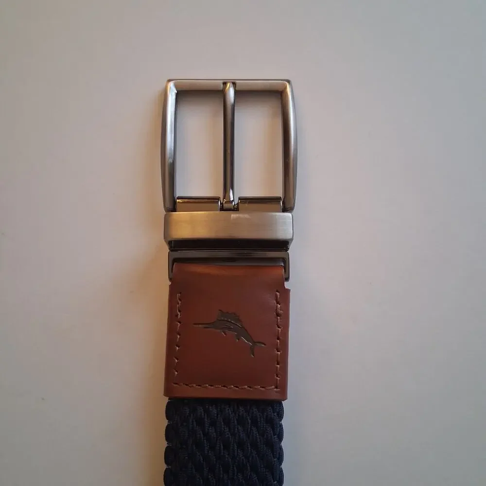 Tommy Bahama Men's Reversible Braided Stretch Navy and Tan Belt Woven Strap-S/M